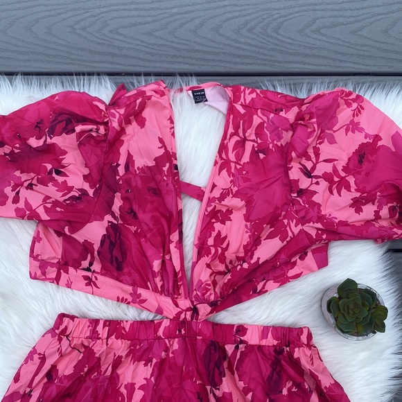 Pink floral print boho cut out puff sleeve midi dress - Picture 4 of 6